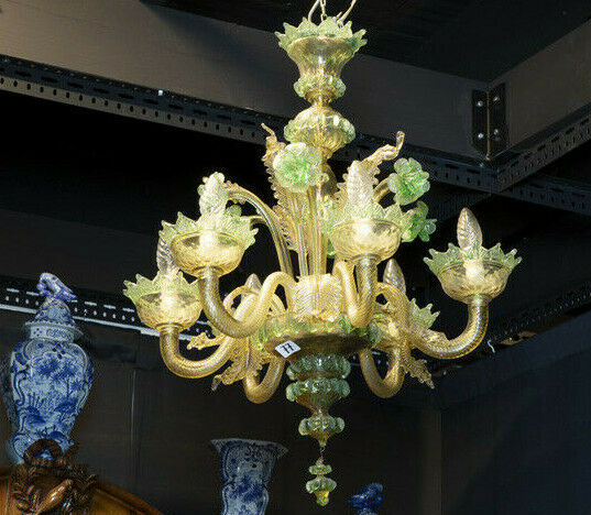 Rare murano green amber colour 6 arms hand blown glass chandelier 1970 Italy