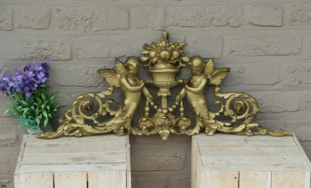 XL french chalkware Gold gilt pendiment fronton putti angels romantic Antique