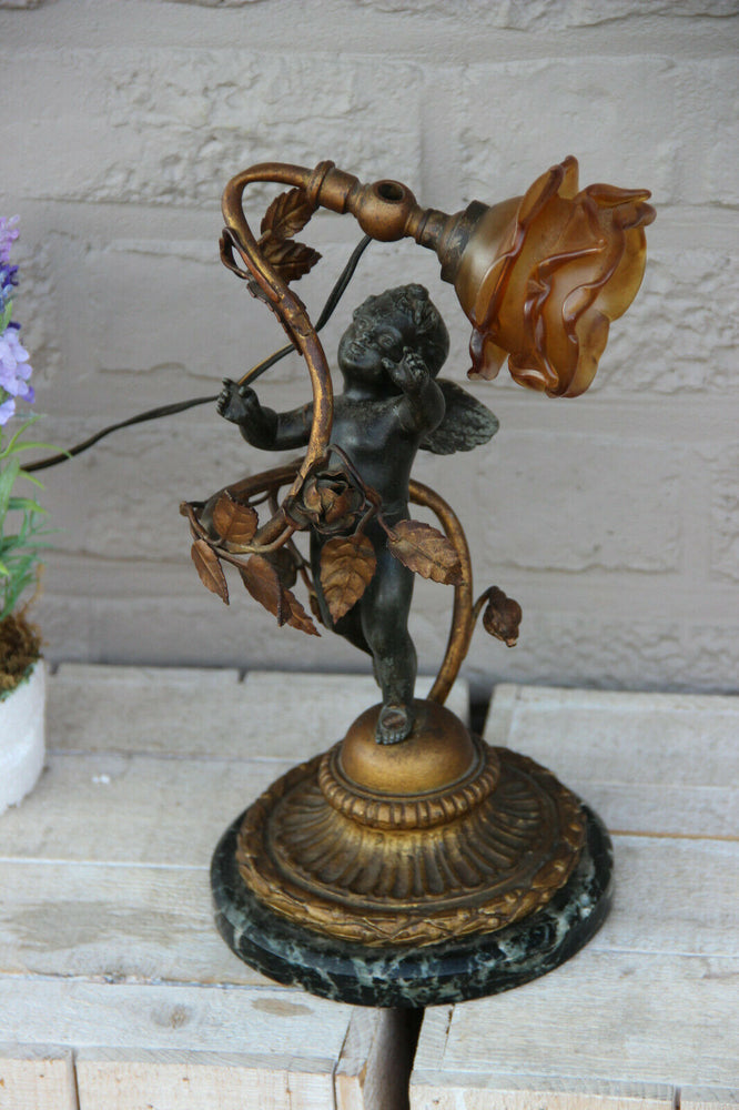 Antique French spelter marble base amber tulip shade angel putti lamp