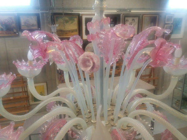 XXL Majestical 12 ARMS murano Venetian pink glass hand blown Chandelier 1960's