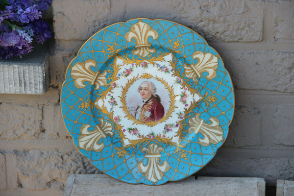 Antique Sevres porcelain marked portrait Louis XVI fleur lys plate 19thc