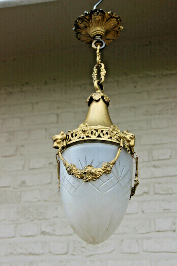 Antique brass crystal glass Val saint lambert shade Ram heads lantern chandelier