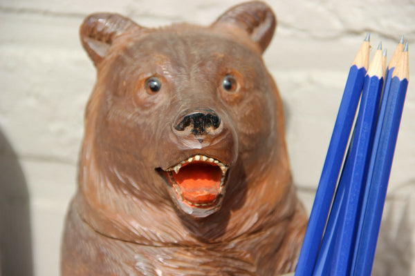 LARGE Antique hand Black forest wood carved swiss bear statue desk pen holder