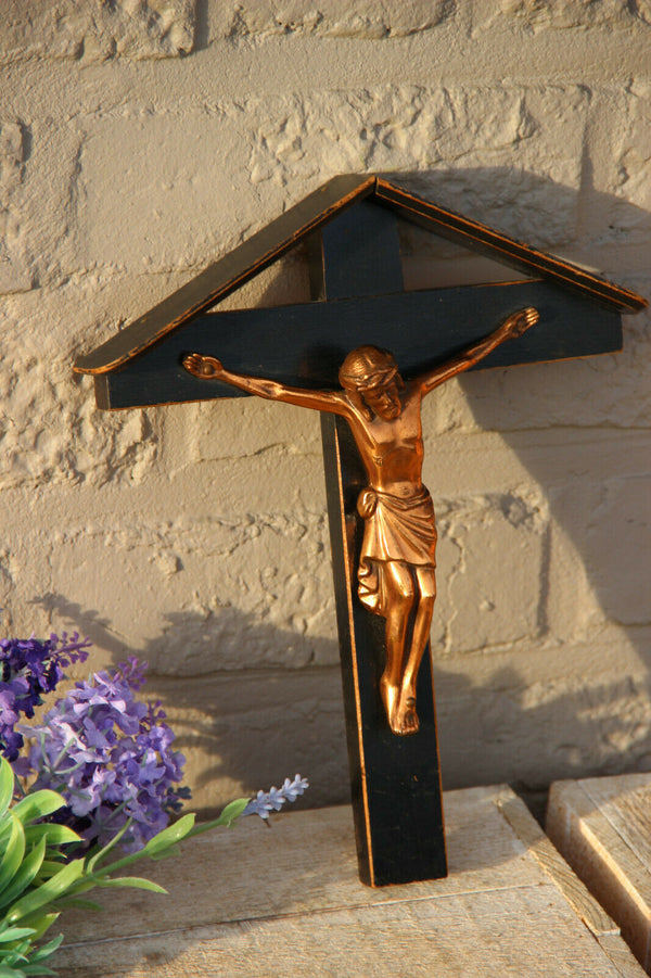 French antique wood chapel metal christ crucifix