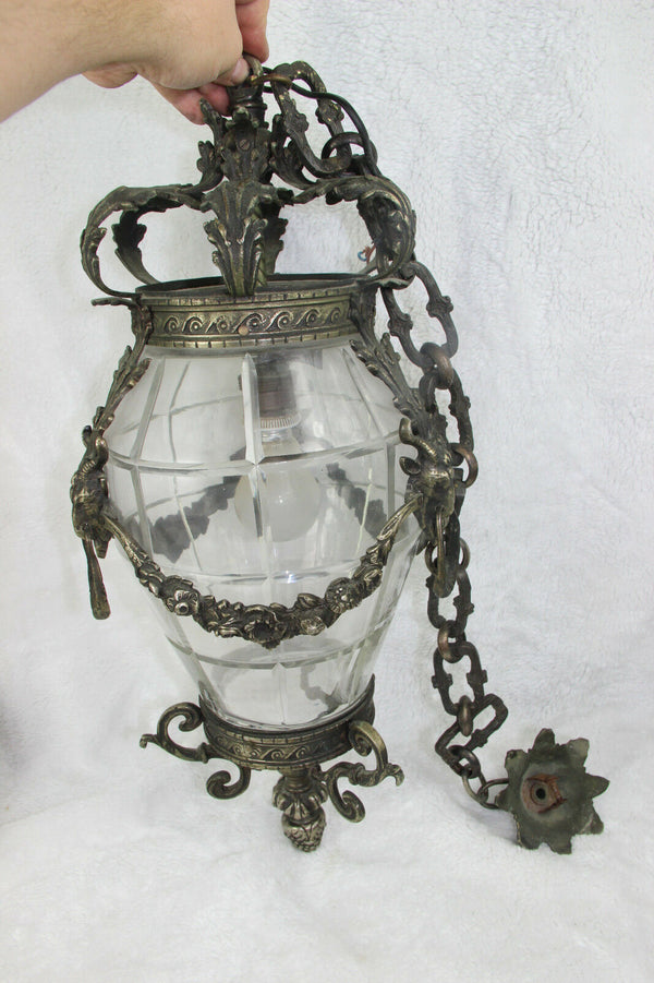 Antique Belgian Bronze Val saint lambert crystal glass chandelier lantern ram