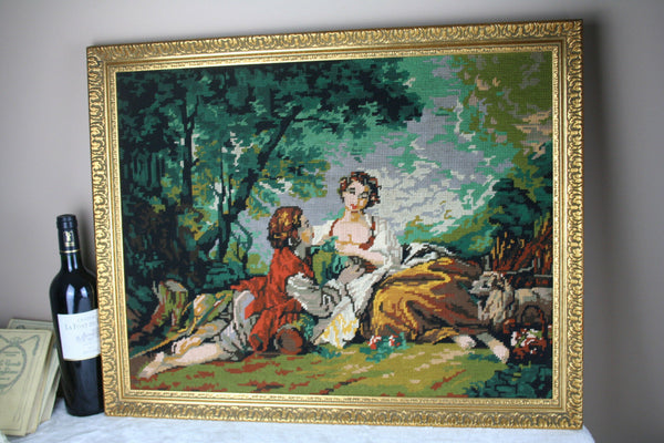 Gorgeous French 1975 Needlepoint Romantic lady dog scene framed