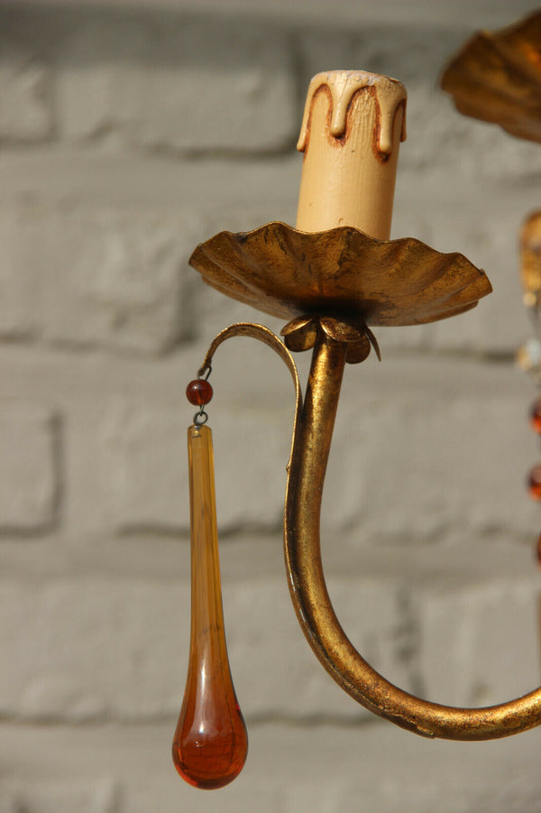 Hollywood regency mid century Maison jansen Floral metal chandelier murano drops