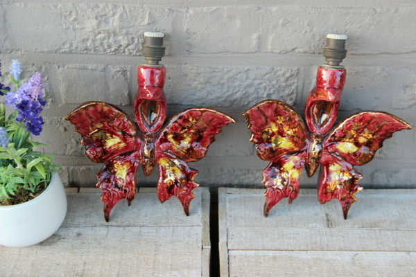 PAIR french vintage Vallauris ceramic butterfly wall lights sconces rare 1970