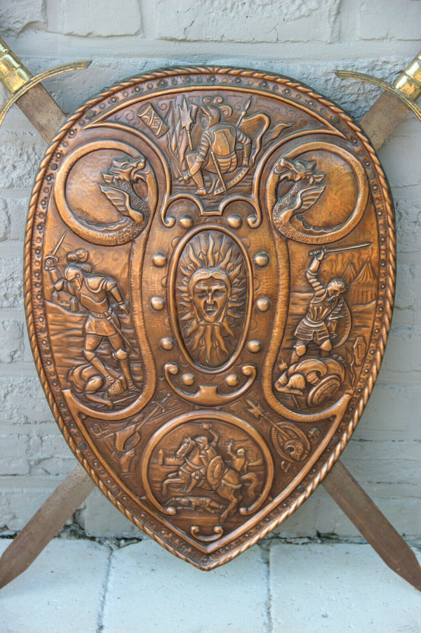 Vintage French Wall armor Shield Copper relief Dragon Battle scene 1960