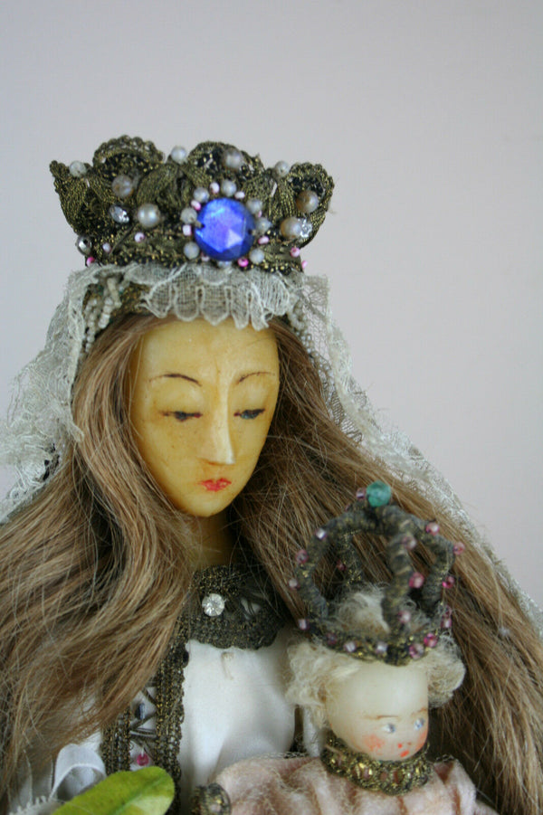 Rare Antique 1880 French crown Wax Madonna statue child cape stones religious