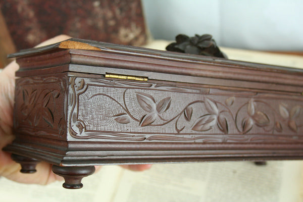 French Wood carved Box black forest With pair old gloves opera 1900