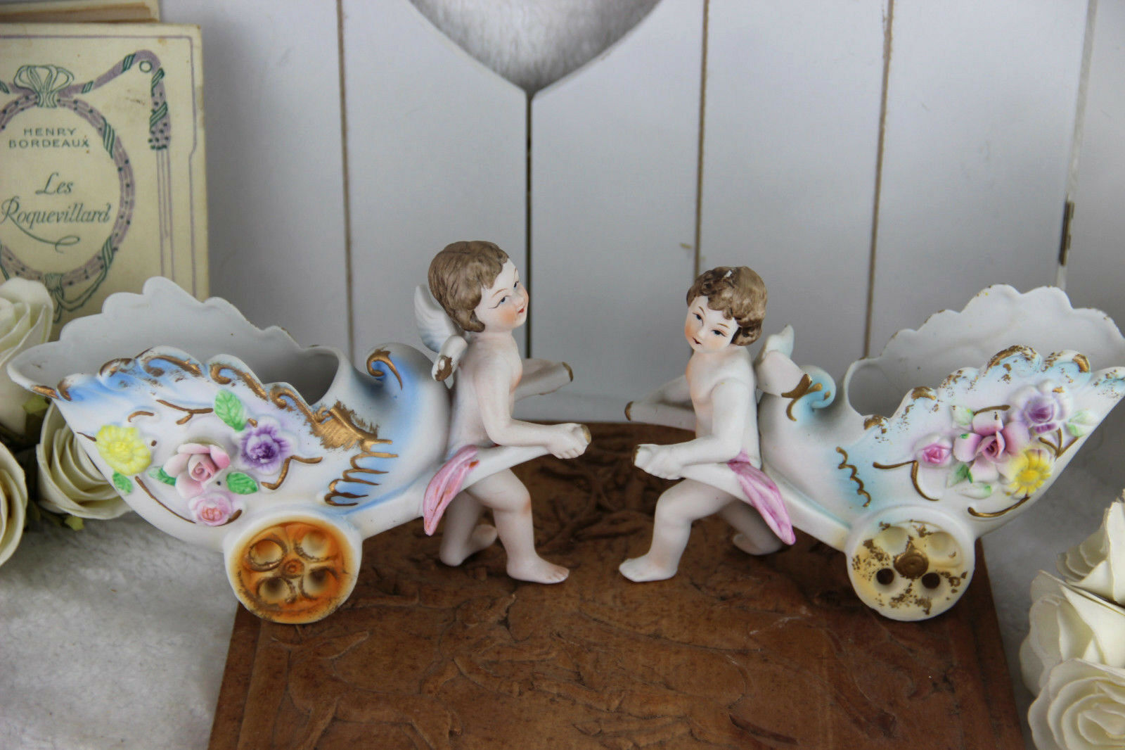 PAIR german bisque porcelain putti carriage figurines statue floral