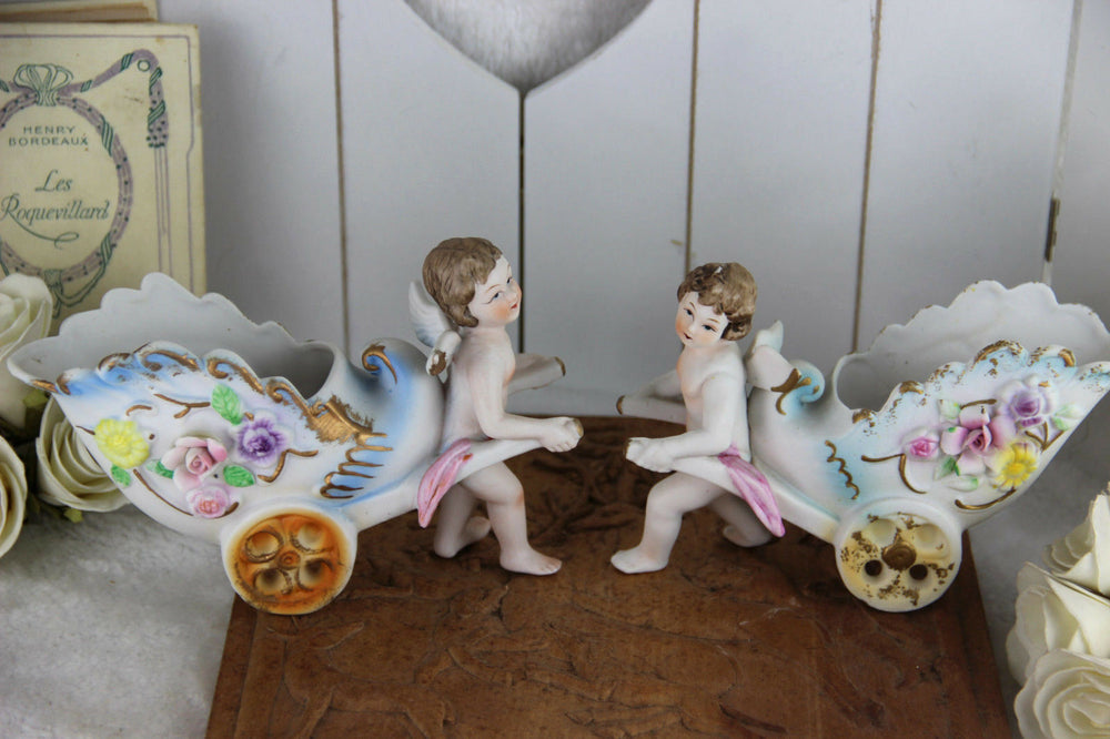 PAIR german bisque porcelain putti carriage figurines statue floral