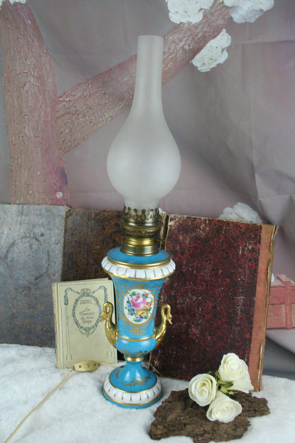 Antique french vieux paris porcelain Swan empire floral lamp marked