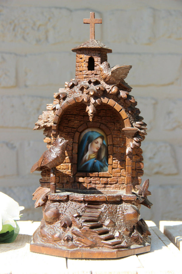 Rare BLACK FOREST wood carved Holy water font well Chapel porcelain plaque