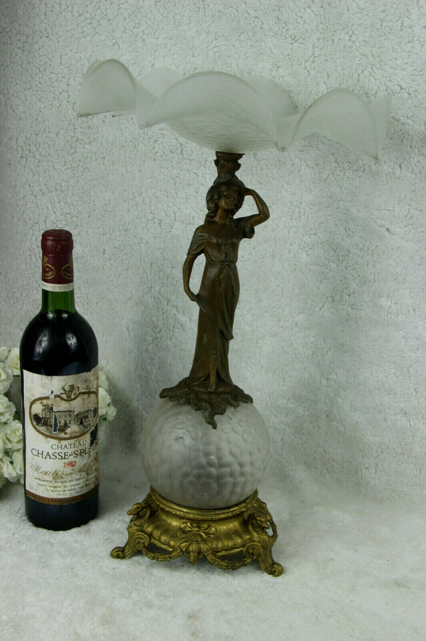 Antique French art nouveau spelter lady figurine glass bowl centerpiece dragons