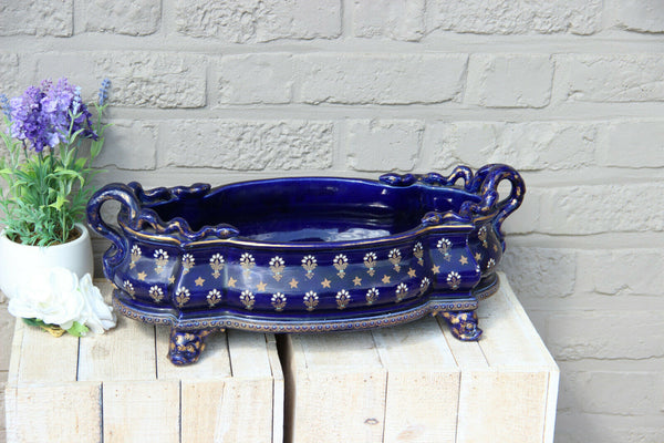 XL French antique majolica planter jardiniere Fleur de lys enamel dolphin snake