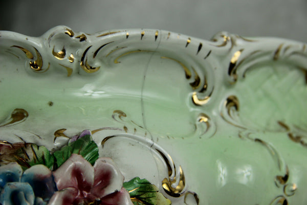 Huge italian Majolica centerpiece lidded bowl relief flowers