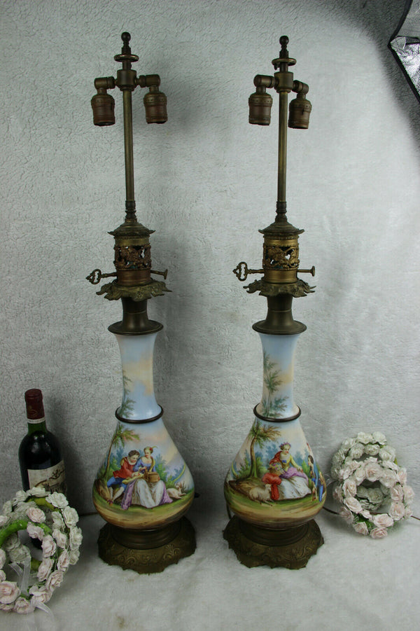 XXL PAIR antique French vieux paris porcelain hand paint table lamps romantic