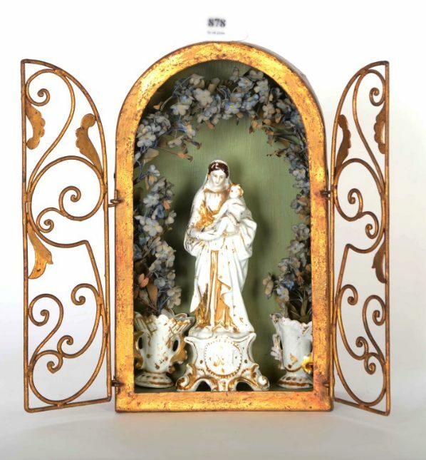 Antique 1925 old paris madonna porcelain in shrine chapel matching vases silk fl