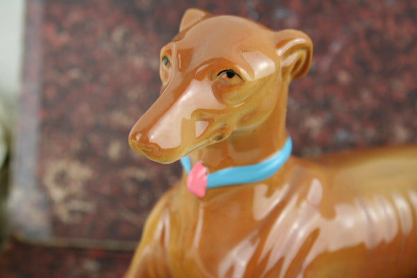 Antique Art deco Flemish marked faience ceramic greyhound whipped 1930