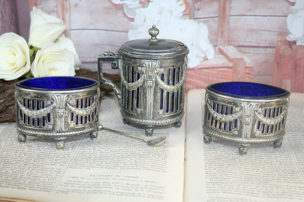 Vintage Pewter metal Salt / pepper / mustard blue cobalt glass spoon marked