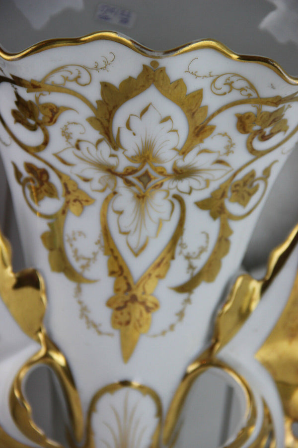 SET Vieux brussels porcelain Gold gilt Vases birds floral