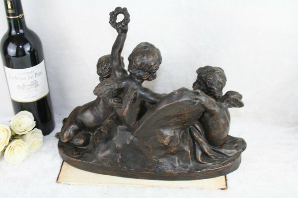 French TerraCotta Sculpture Cherubs putti playing Magnier marked group