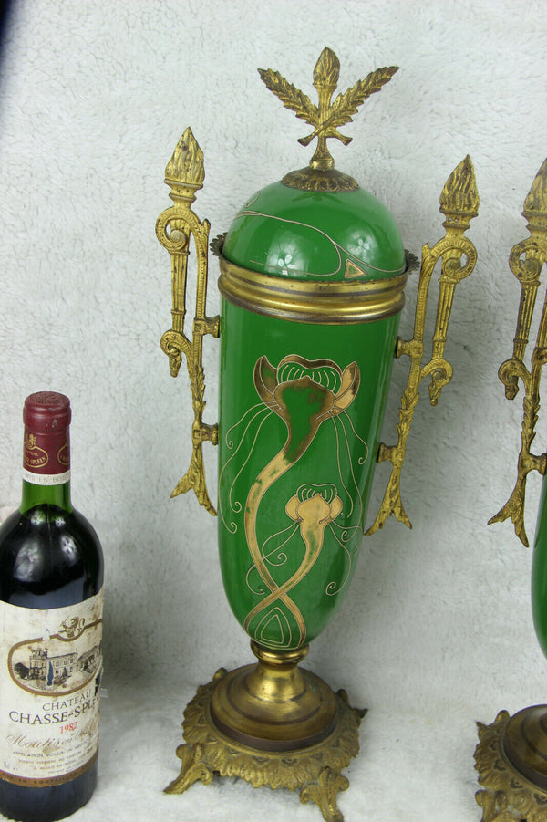 PAIR French antique Faience porcelain Green art nouveau cassolettes vases