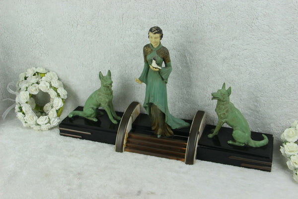 XL antique French art deco 1930 spelter marble lady bird dogs statue signed