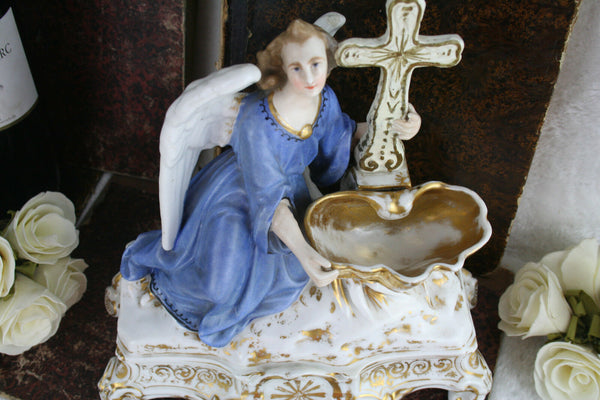Antique French 1900 Vieux old paris porcelain angel holy water font rare unusual