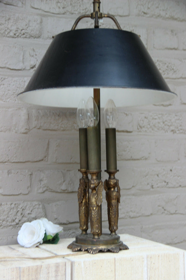 French Bouillotte empire winged angels Metal bronze Table lamp Snake animal