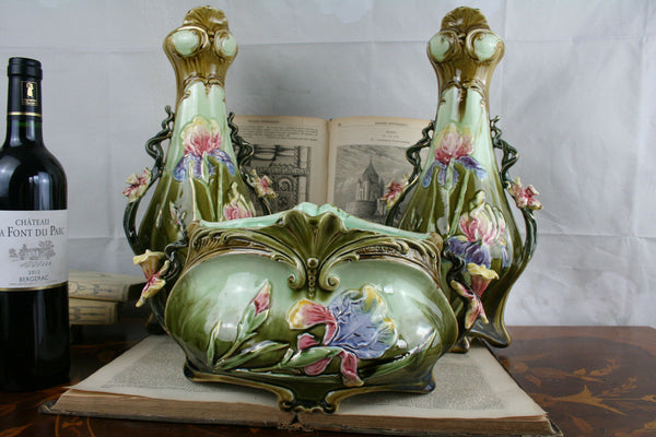 BARBOTINE VASES set Art nouveau 1900 France floral majolica 3 pieces