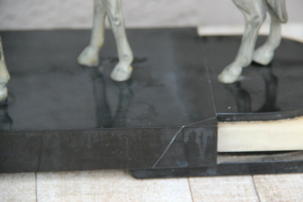 HUGE French Art Deco LIMOUSIN marked Spelter bronze marble horse group statue