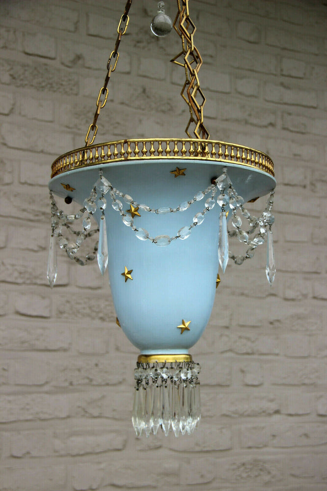 Vintage French 1980 pendant lantern chandelier  stars pendant glass drops