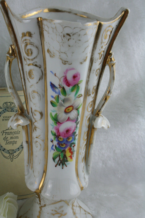 PAIR French OLD PARIS VIEUX porcelain Vases Gold gilt flower decoration