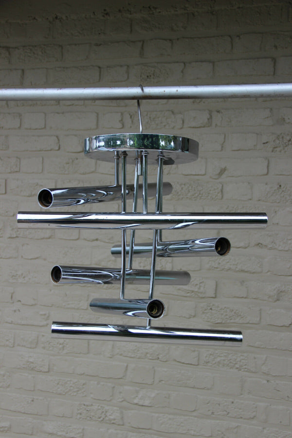 Mid century Sciolari 6 tubes Geometric chandelier pendant 1970's Chrome