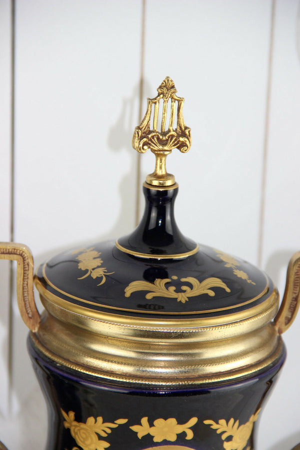 French Limoges cobalt blue porcelain marked Lidded Vase romantic victorian scene