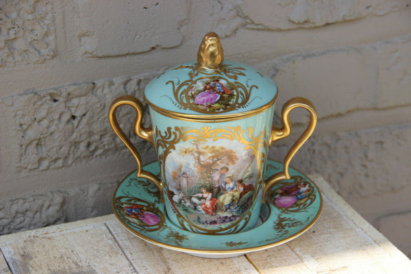 Antique French Porcelain marked sugar bowl pot Victorian romantic scene