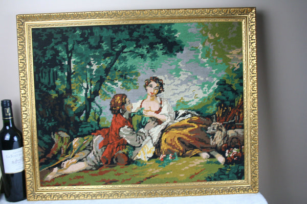 Gorgeous French 1975 Needlepoint Romantic lady dog scene framed