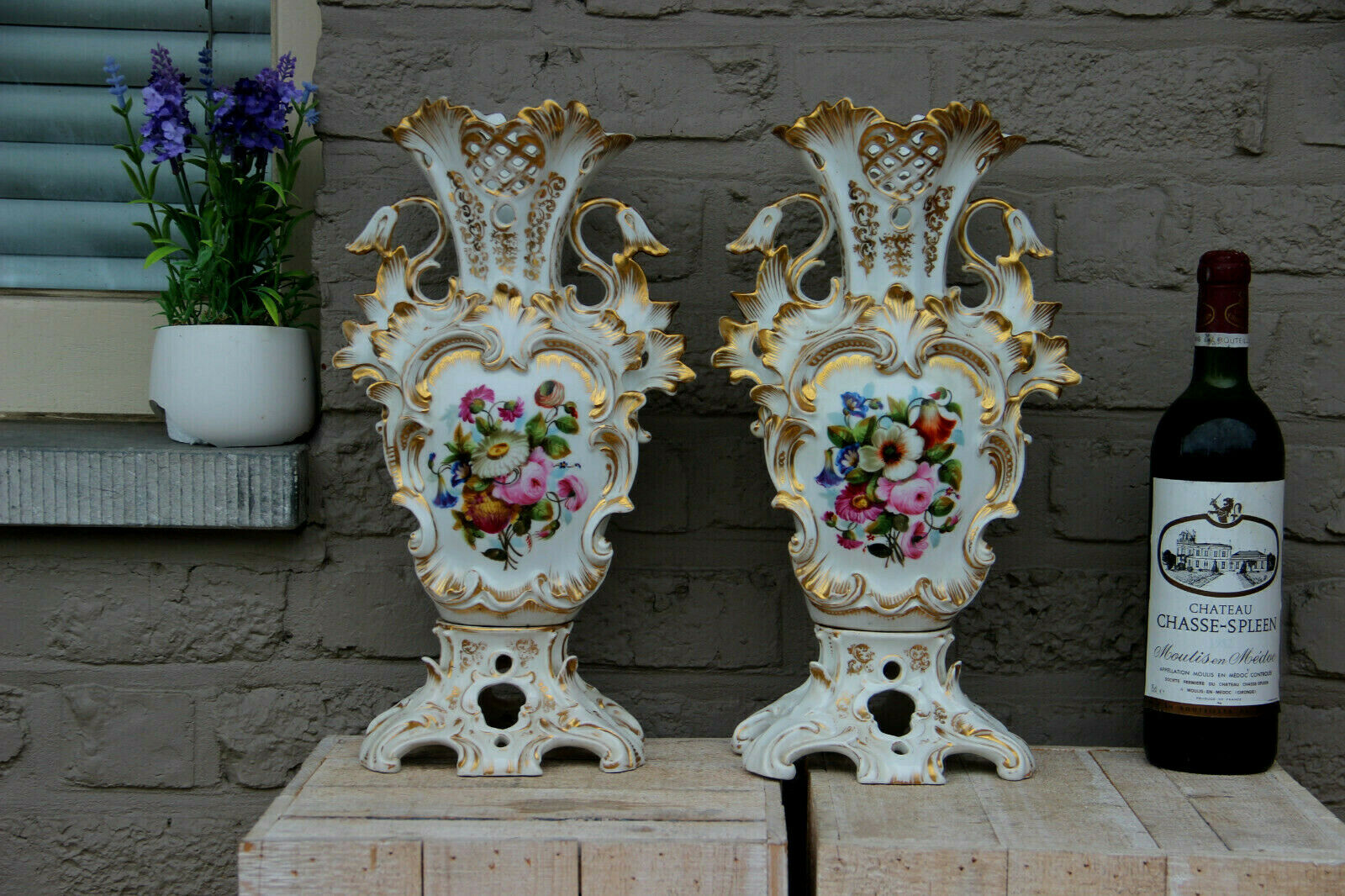 PAIR antique French vieux paris porcelain hand paint floral scene
