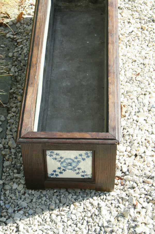 XXL unusual Antique 19thc Blue white DELFT pottery tiles Wood oak planter