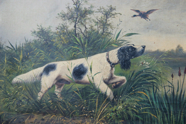Antique French 1912 Oil Canvas painting hunting dogs field signed