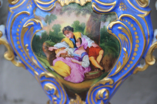 PAIR antique French vieux paris porcelain hand paint romantic victorian scene