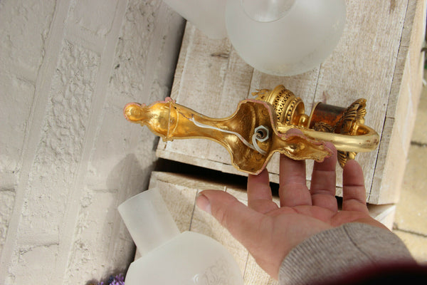 PAIR vintage 1960 French brass metal Lion head wall lights sconces glass globe