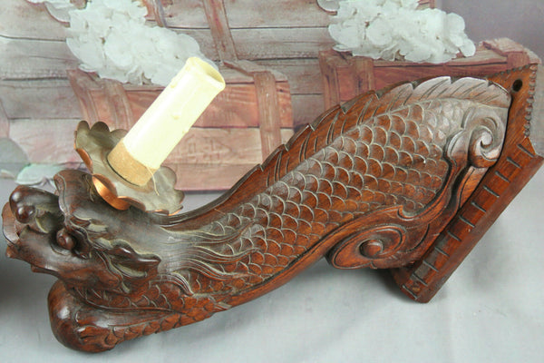 Exclusive XL Pair Chinese Foo Dogs sconces wood carved lamps 19th c dragons