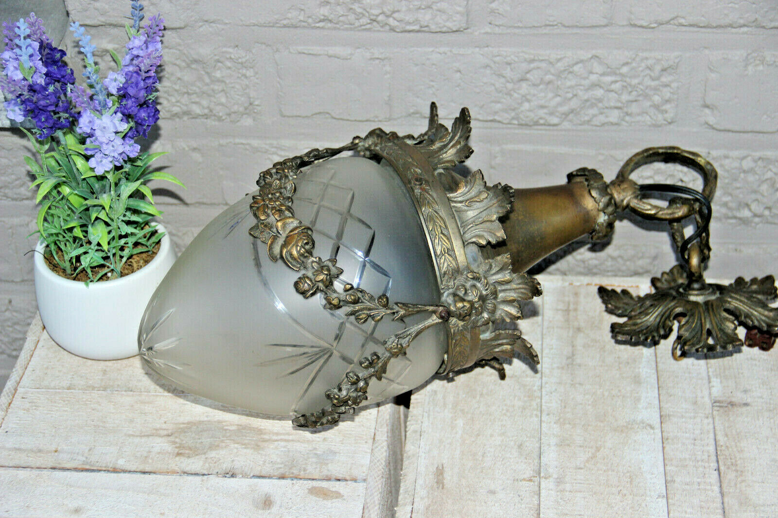 Antique French Chandelier Lantern Lion heads crystal glass shade