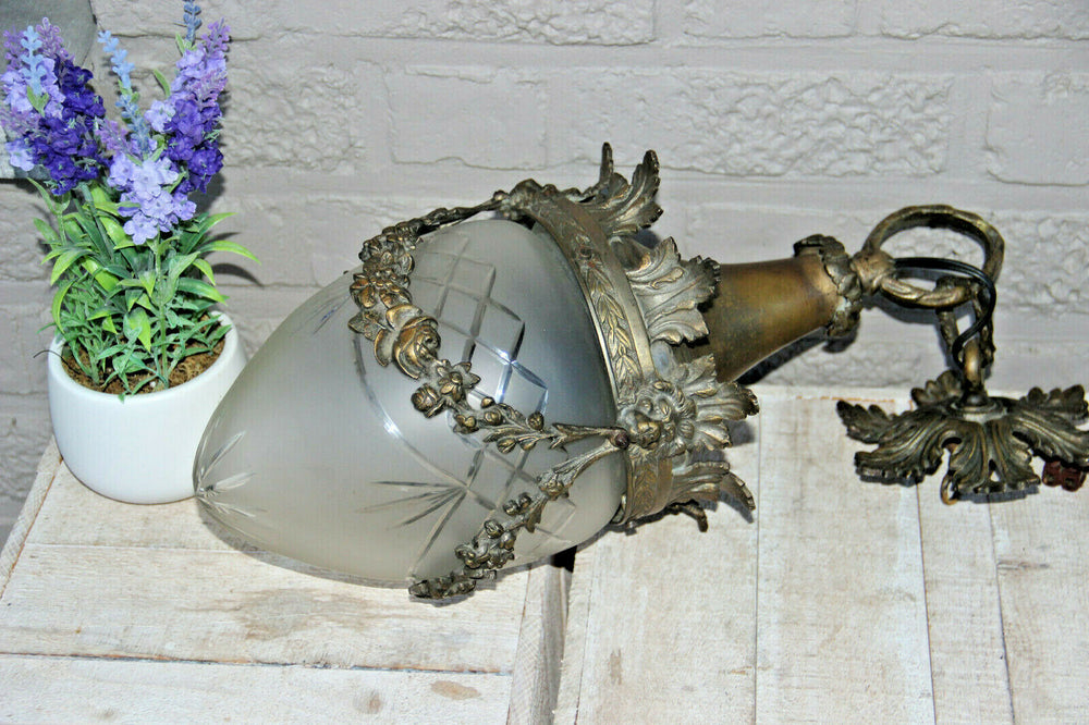 Antique French Chandelier Lantern Lion heads crystal glass shade