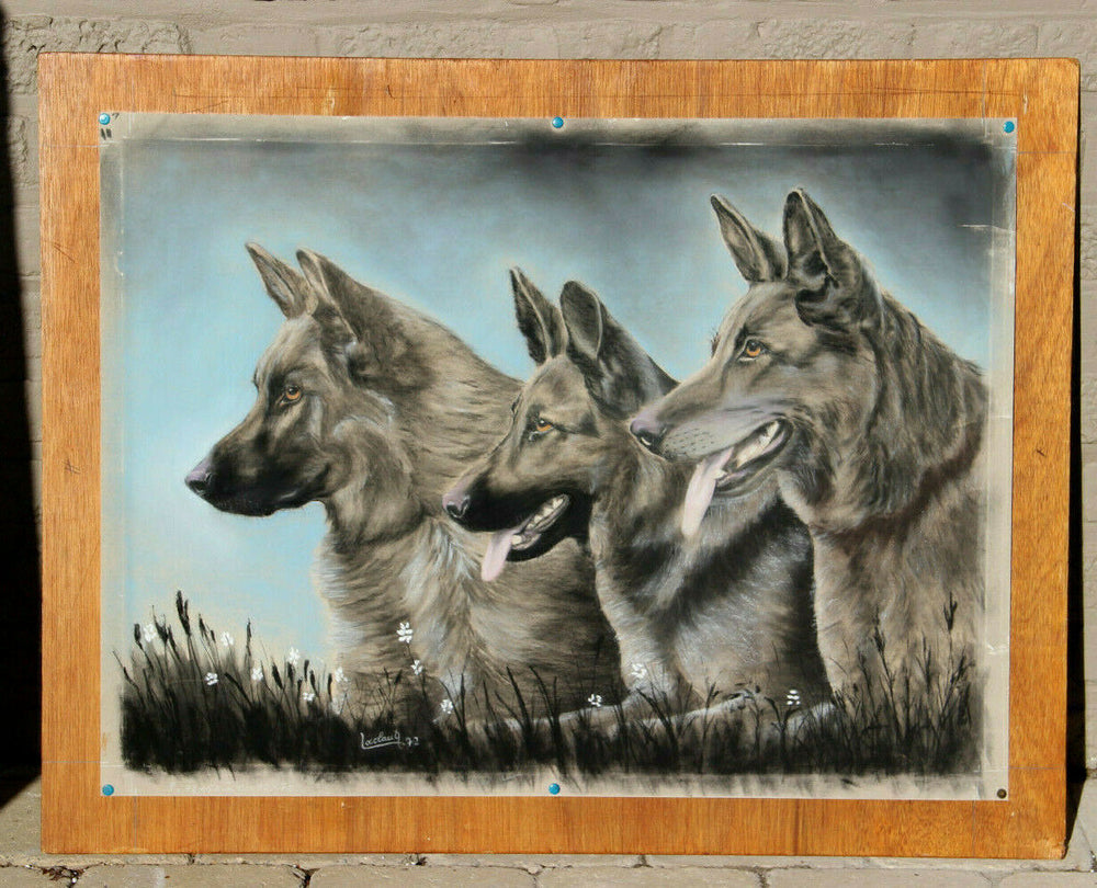 French PASTEL german sheperd dog  painting 1972 Vintage signed