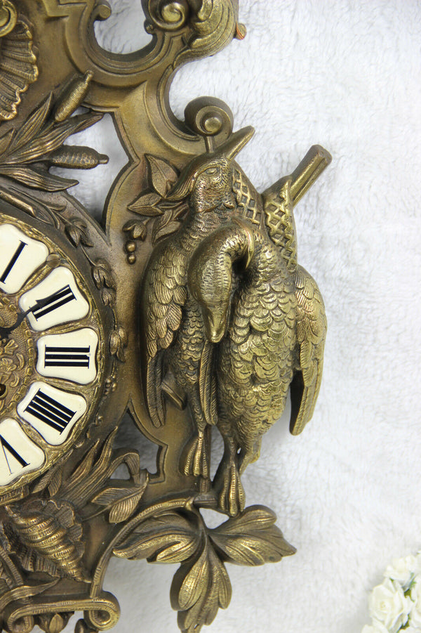 Black forest metal bronze gold gilt wall clock hunting trophy hunt bird fish